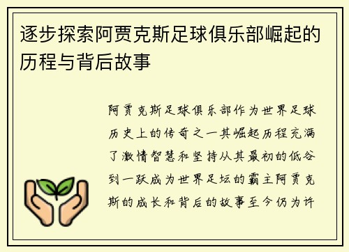 逐步探索阿贾克斯足球俱乐部崛起的历程与背后故事